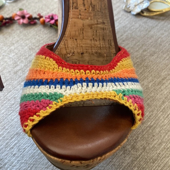 MIA Rainbow Crochet Wedge Sandals Platform Cork Heel Ankle Strap Pride B… - Picture 4 of 10